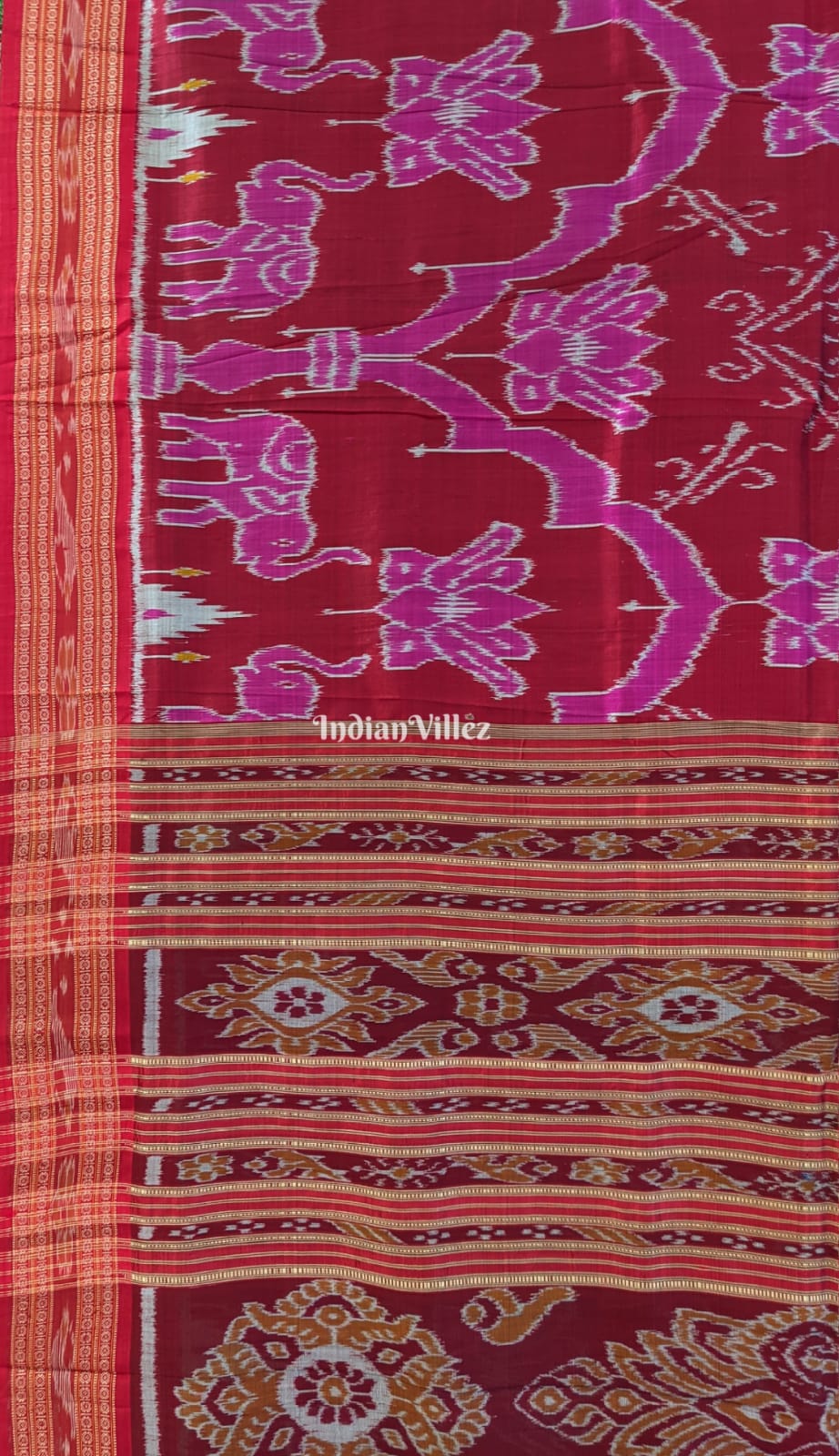 Red Elephant Lotus Odisha Handloom Khandua Silk Saree