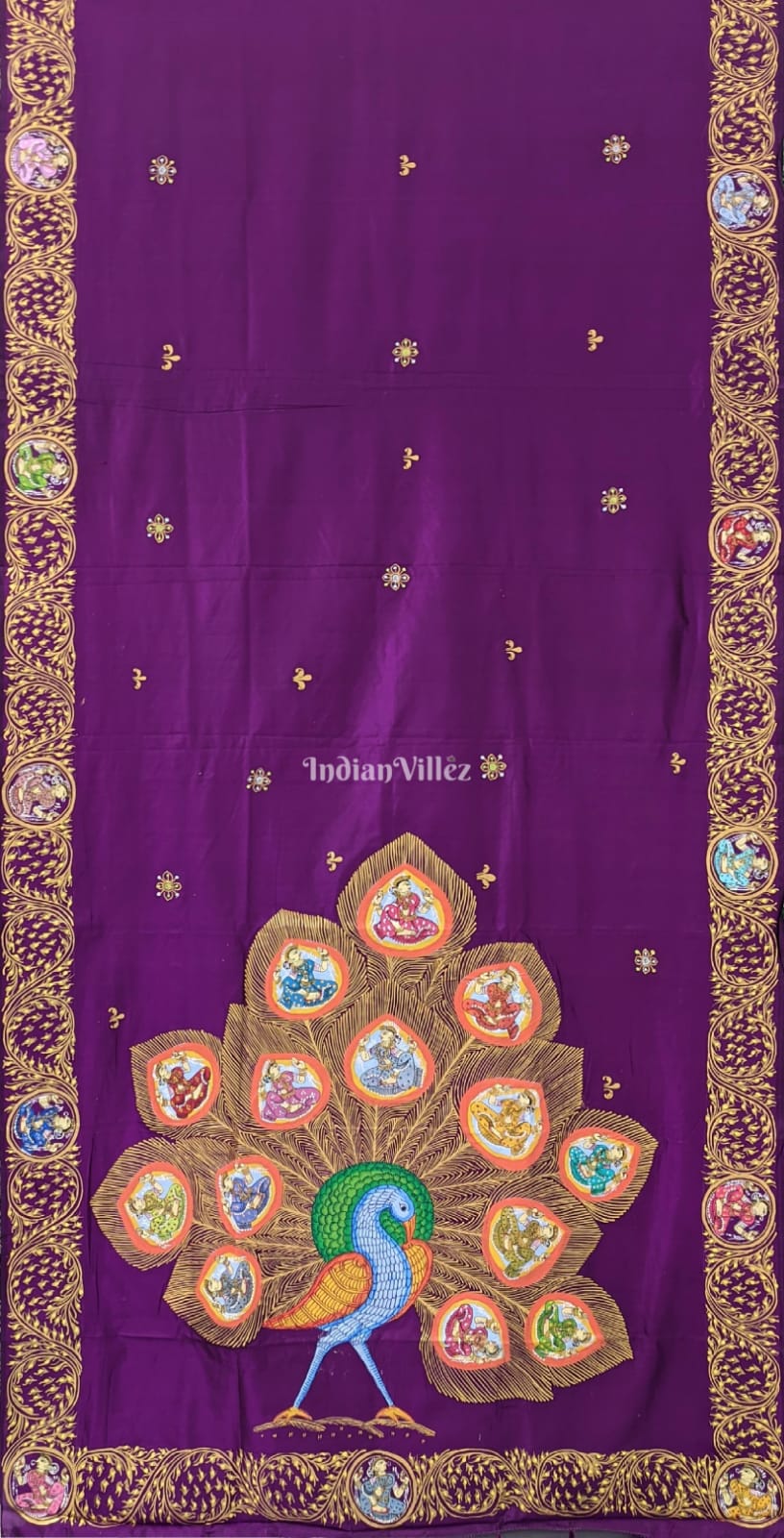 Purple PEACOCK (Mayur) & Nartaki Theme Pattachitra Silk Saree