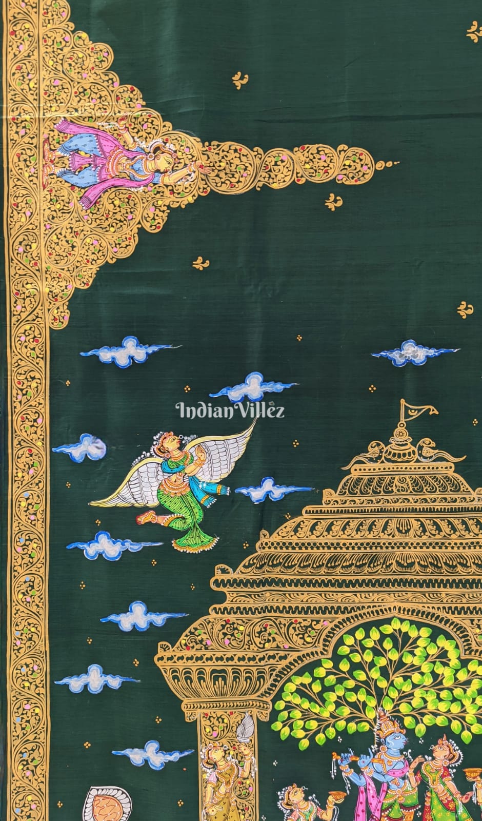Bottle Green Radha Krishna Pattachitra Art on Pure Silk Saree