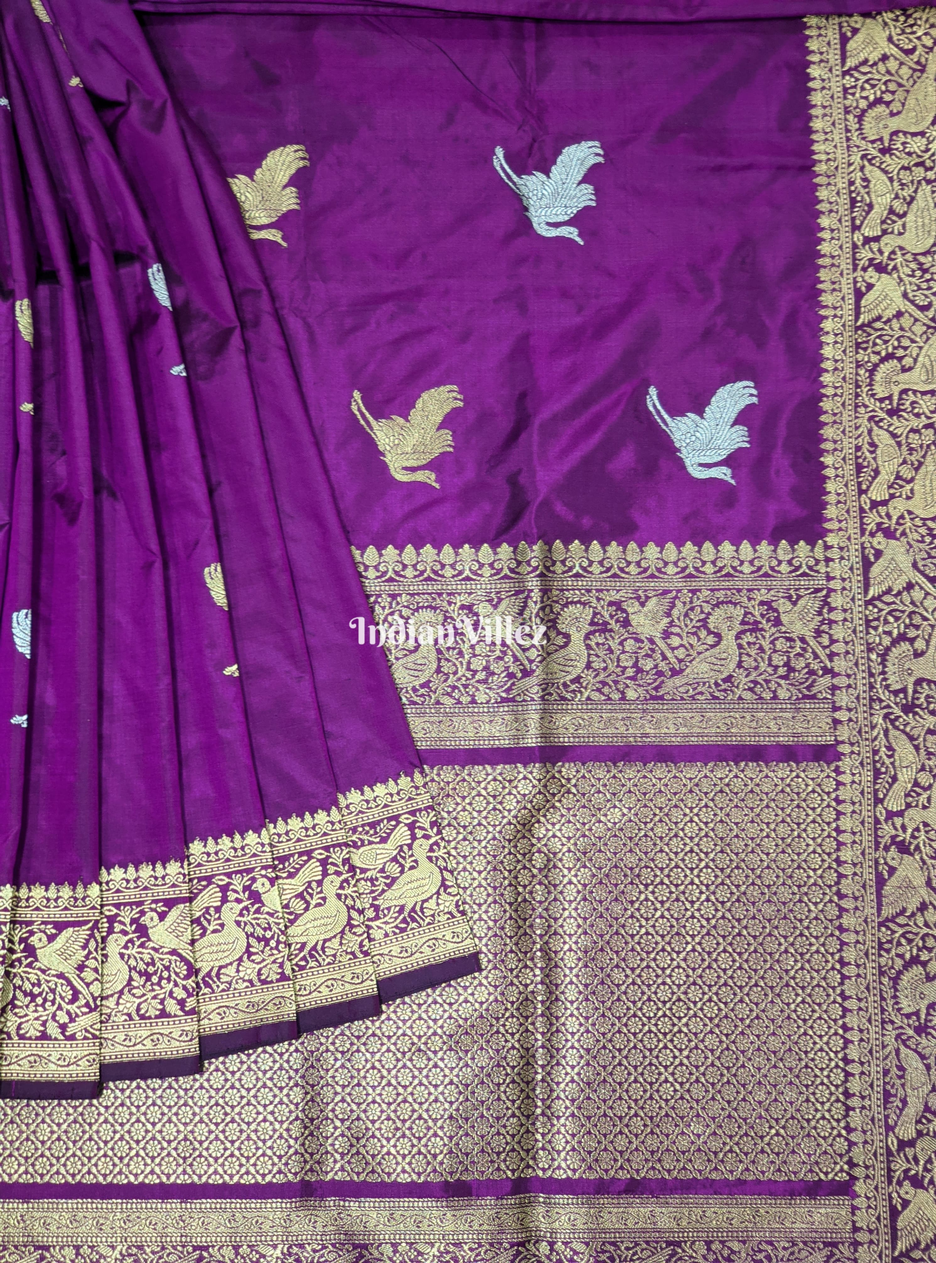 Purple Peacock Motif Pure Banarasi Katan Saree