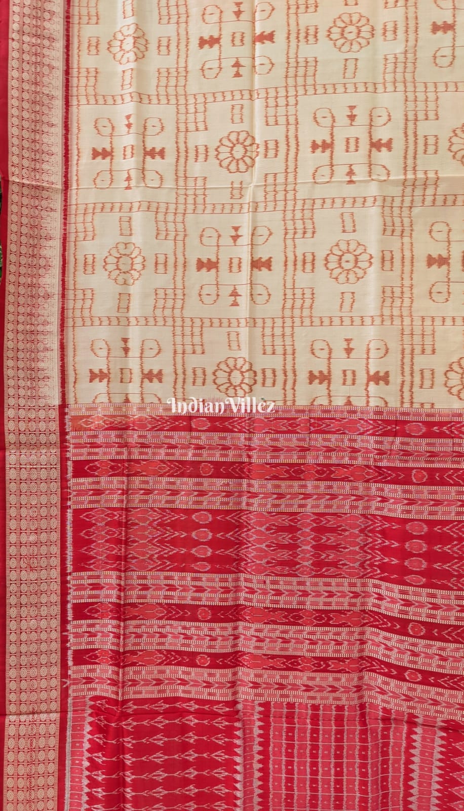 Beige Tribal Theme Odisha Ikat Pure Sambalpuri Silk Saree