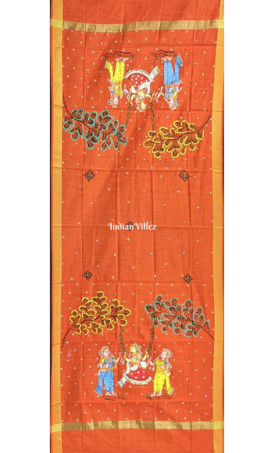 Orange Rajo Theme Patachitra Chanderi Dupatta