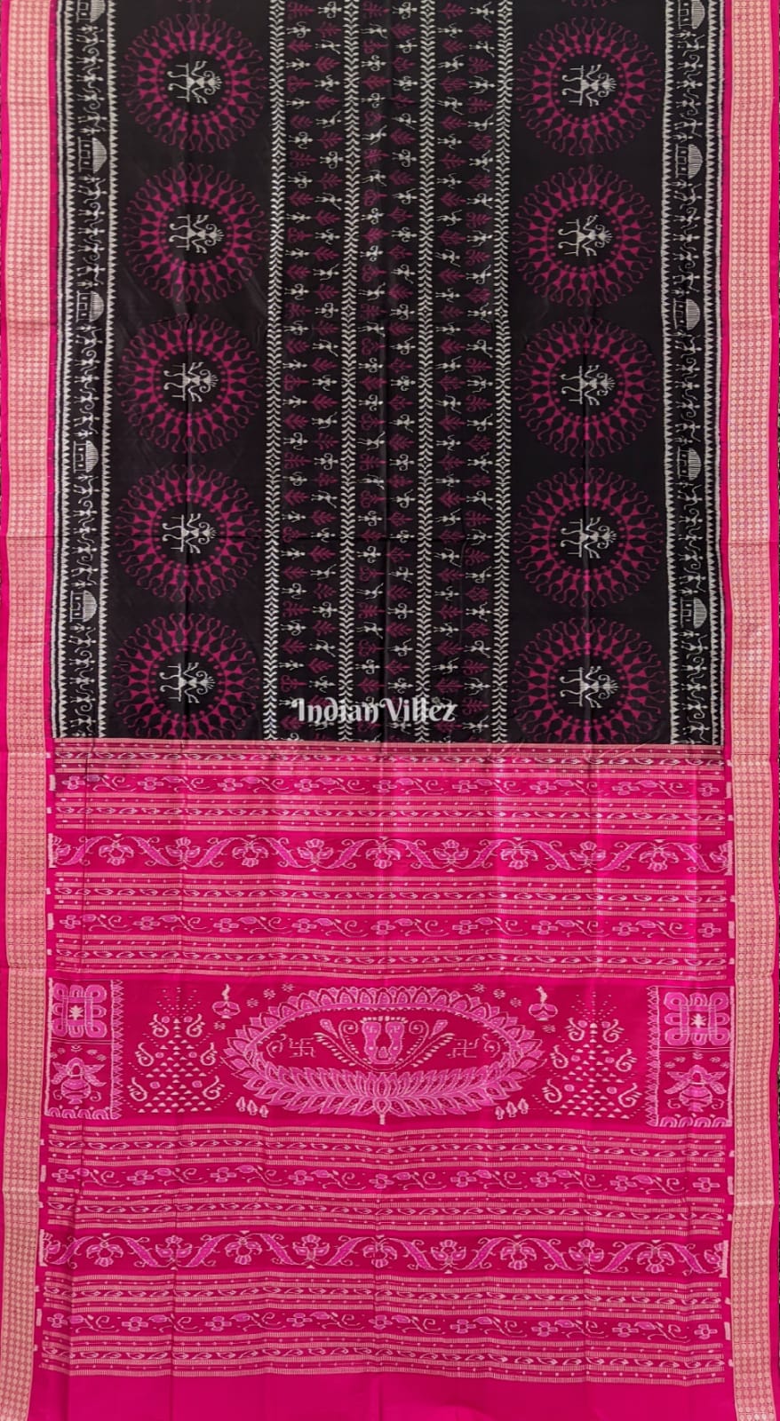 Black Pink Tribal Theme Sambalpuri Ikat Silk Saree