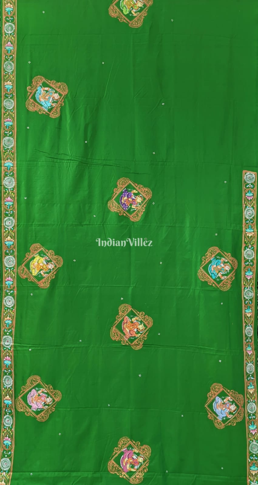 Green Radha Krishna Dashavatara Pattachitra Silk Saree