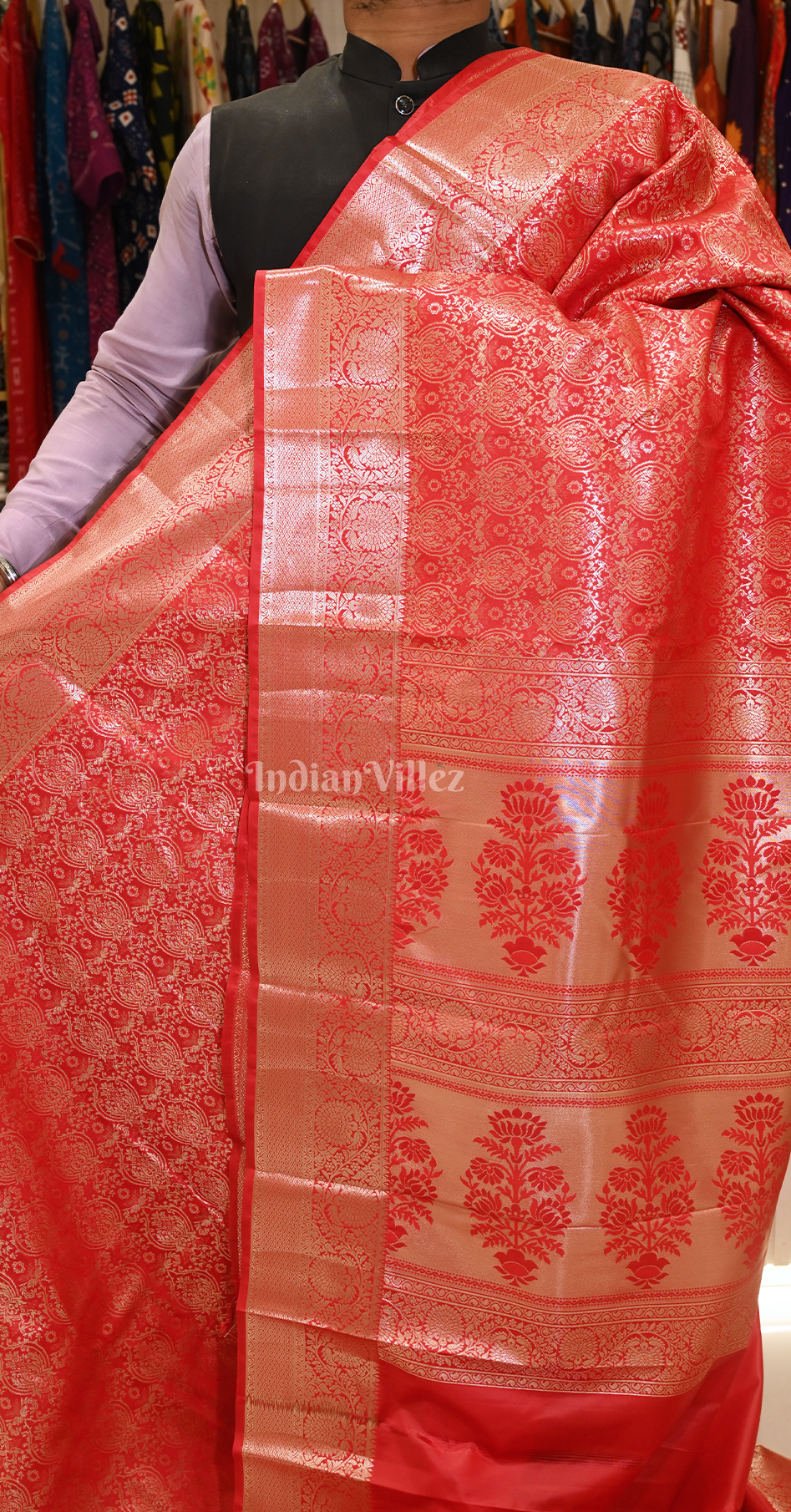 Exclusive Bright Red Golden Floral Pure Brocade Kanjivaram Silk Saree 