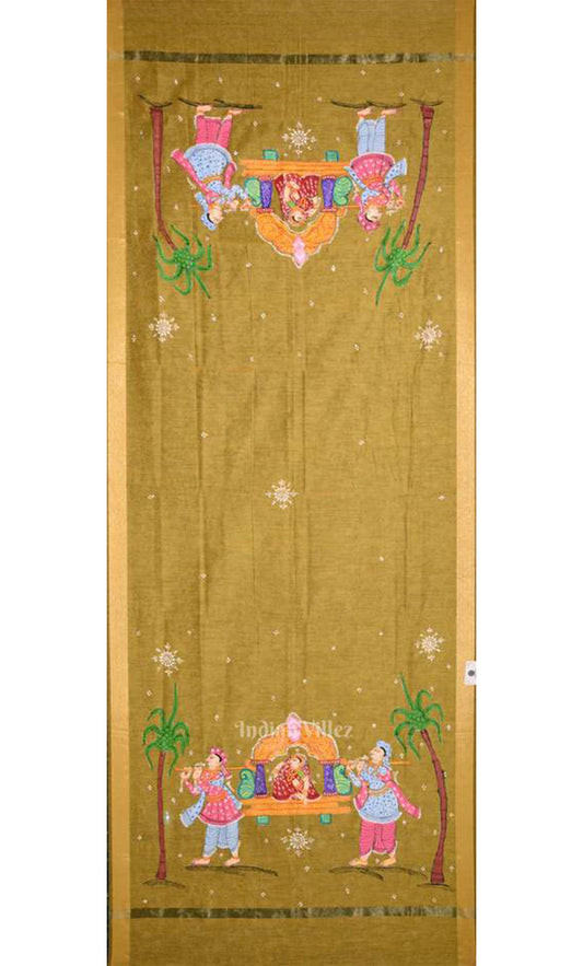 Mustard Yellow Doli Barat Hand-Painted Pattachitra Chanderi Dupatta