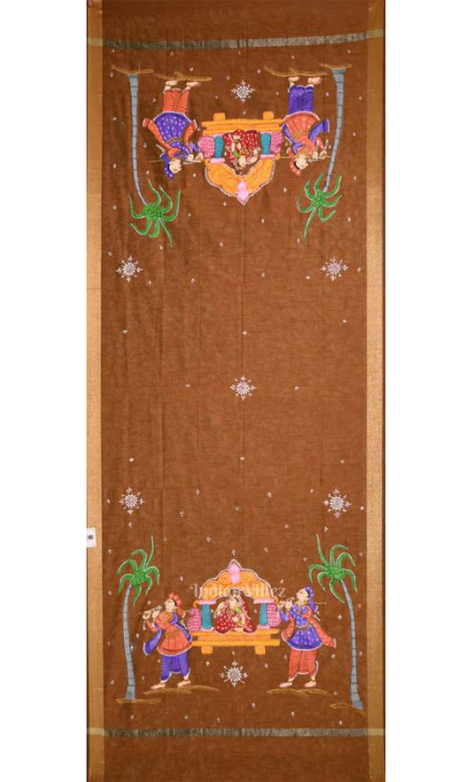 Brown Doli Barat Hand-Painted Pattachitra Chanderi Dupatta