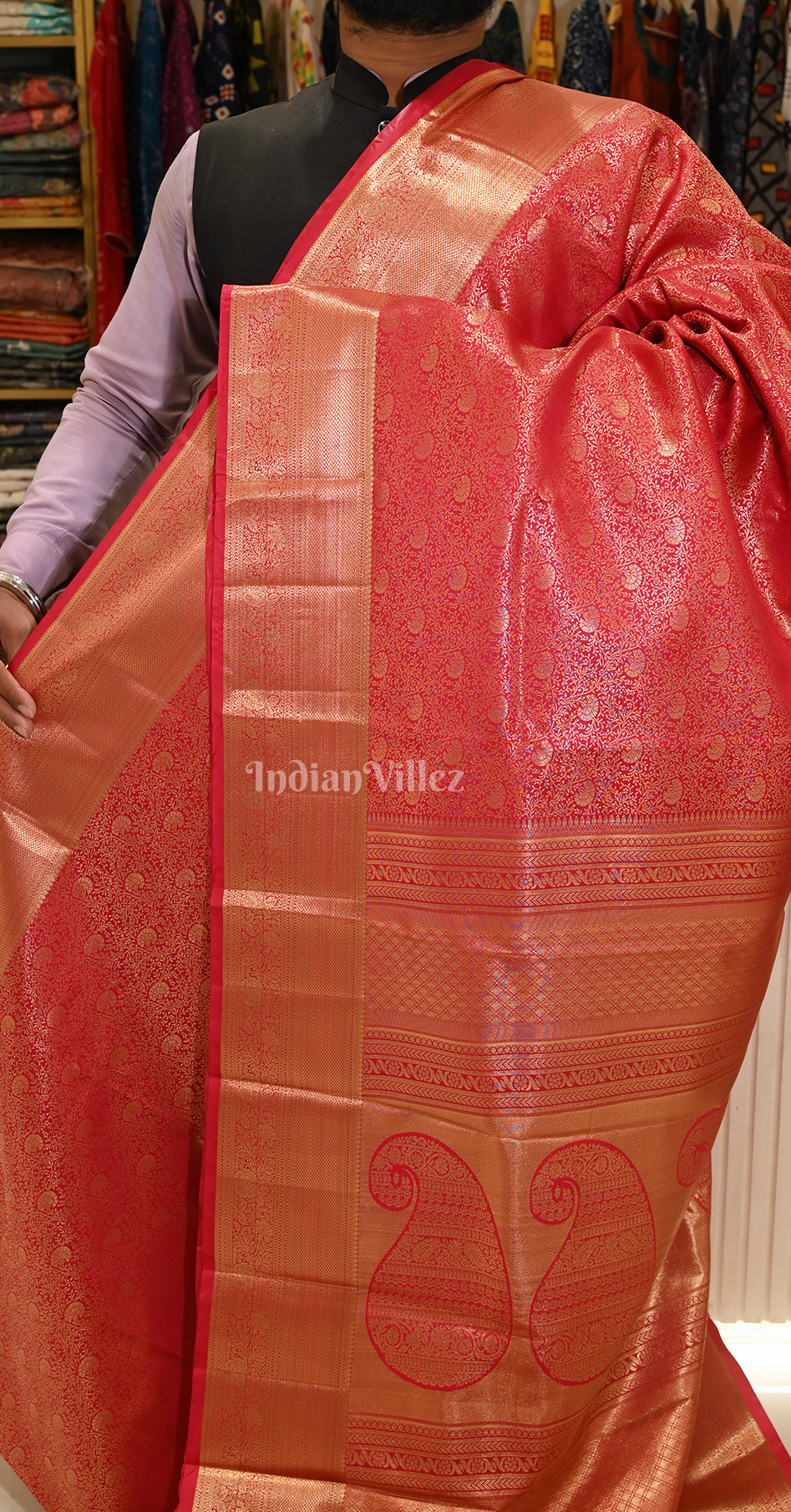 Crimson Red Golden Floral Brocade Pure Kanjivaram Silk Saree 