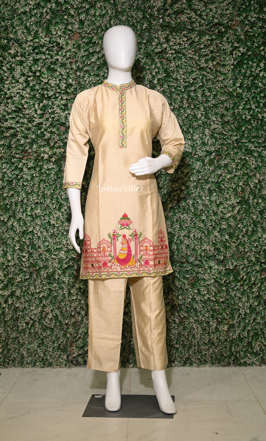 Designer Cream Red Embroidery Kurta & Pant Set-(Co-Ords Set)