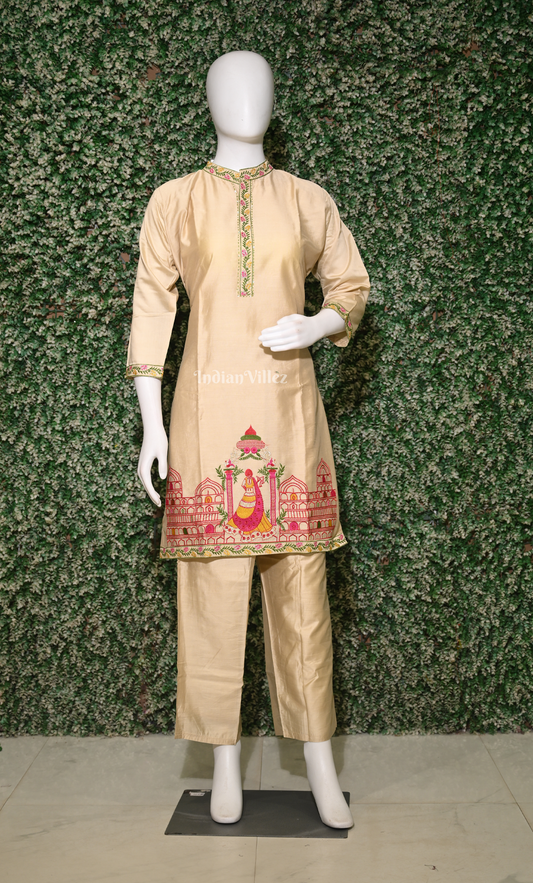 Designer Cream Red Embroidery Kurta & Pant Set-(Co-Ords Set)