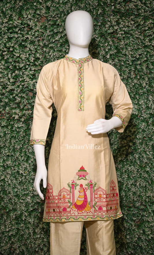 Designer Cream Red Embroidery Kurta & Pant Set-(Co-Ords Set)