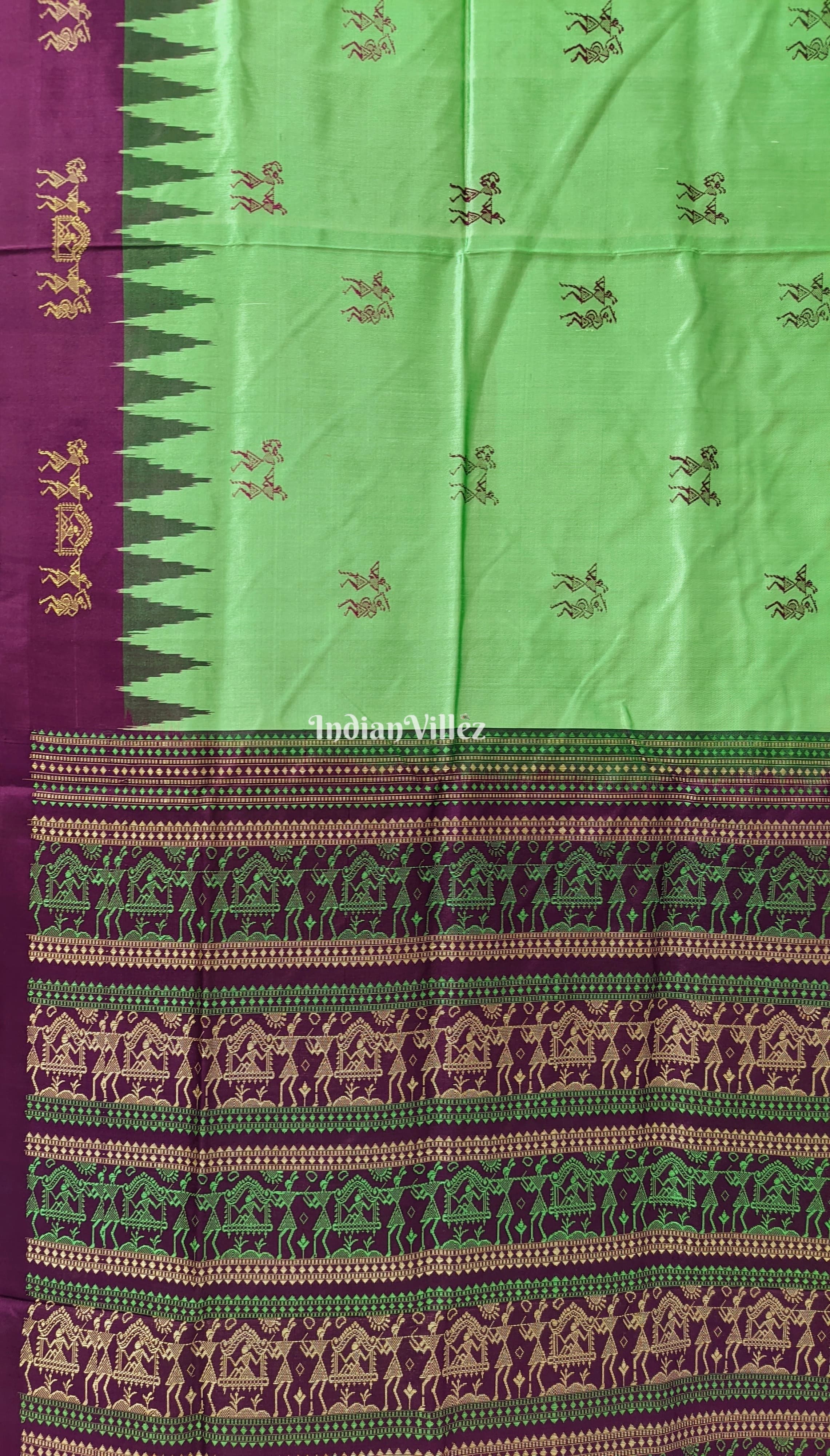 Mint Green & Wine Color Tribal Theme Sambalpuri Silk Saree