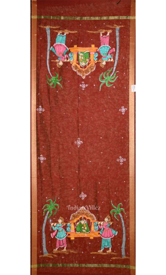 Maroon Doli Barat Hand-Painted Pattachitra Chanderi Dupatta
