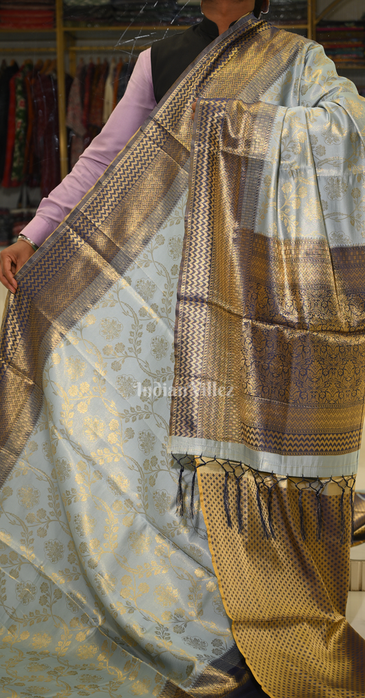 Hazy Blue Pure Tissue Kanjivaram Silk Saree