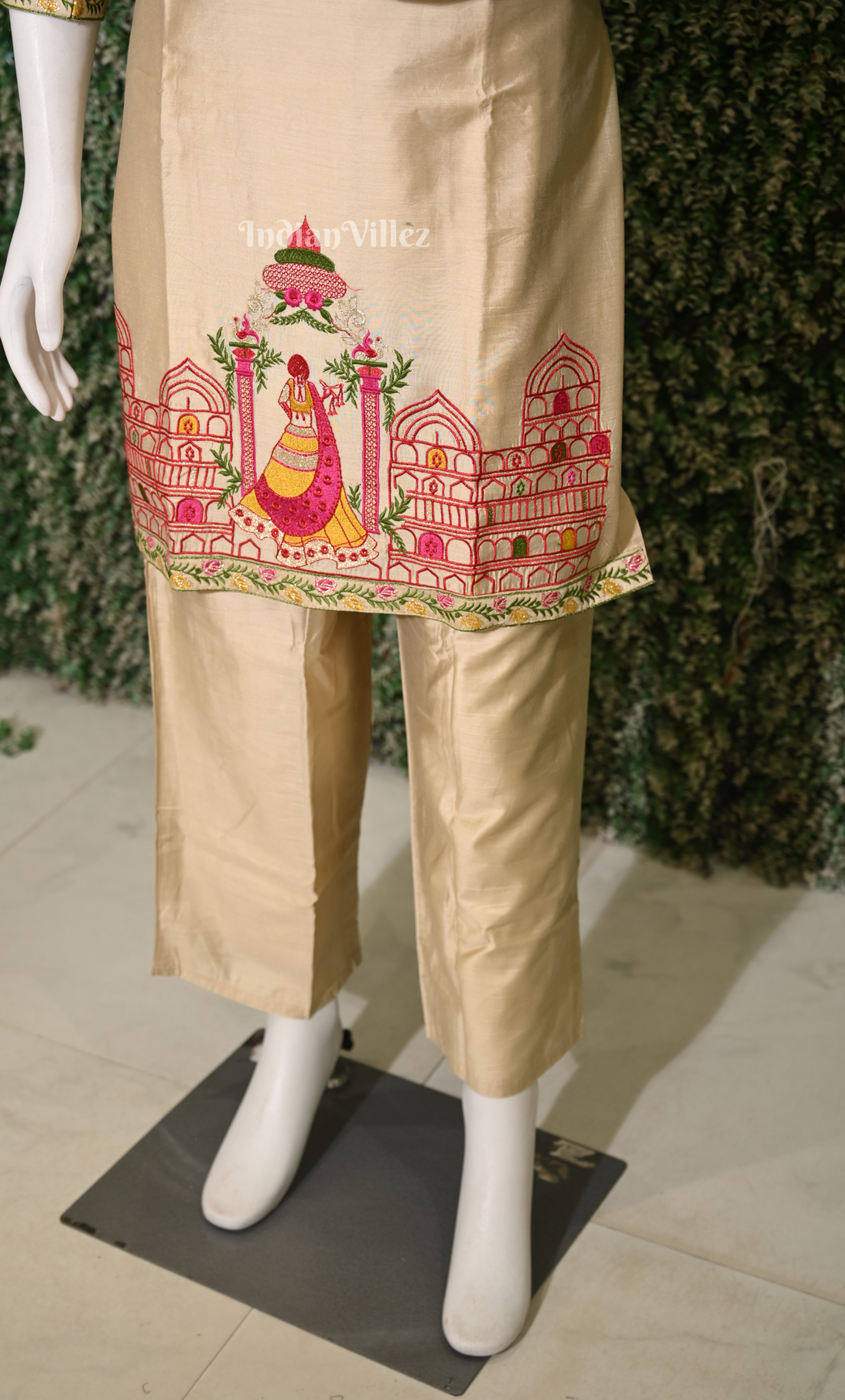 Designer Cream Red Embroidery Kurta & Pant Set-(Co-Ords Set)