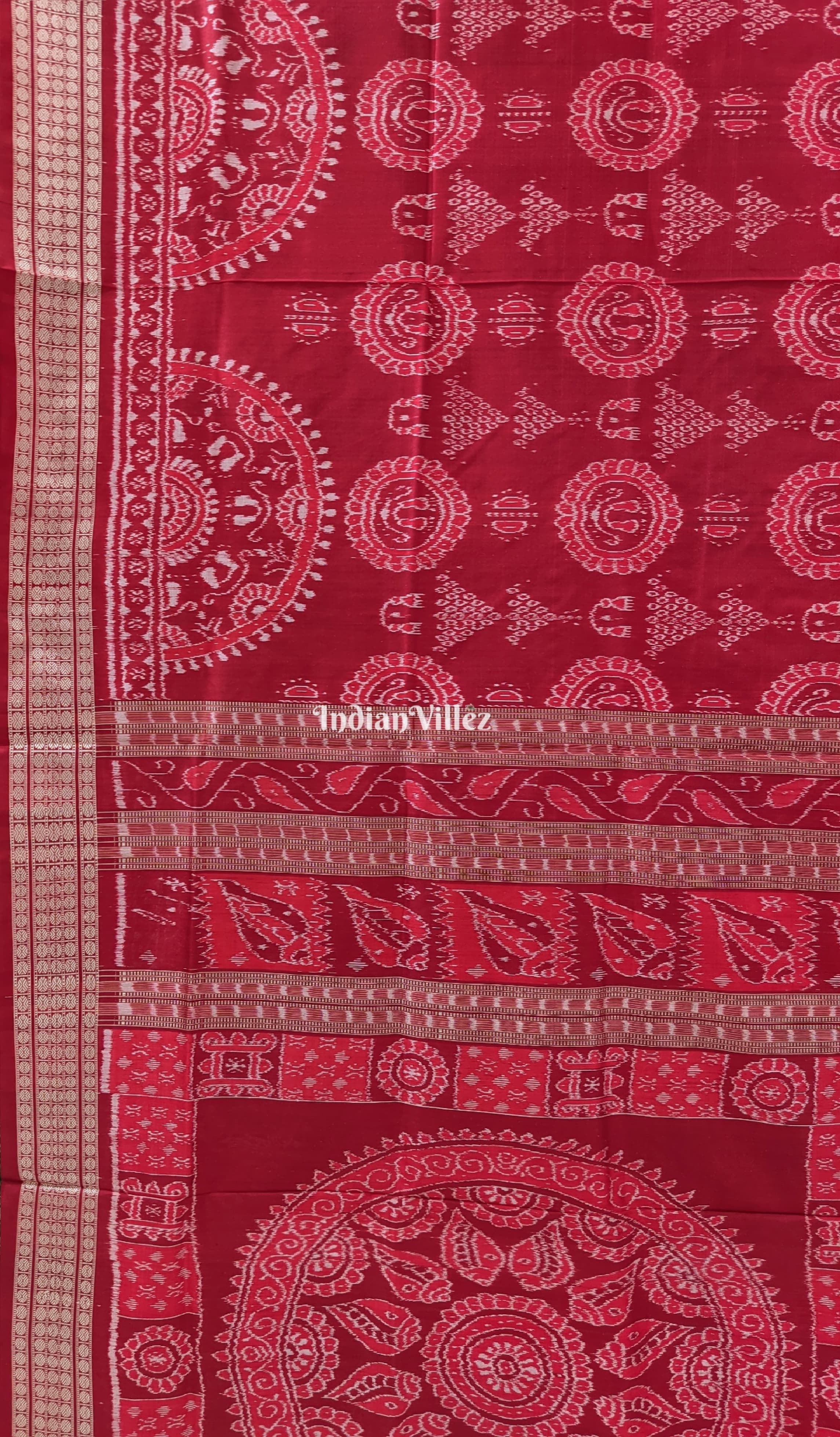 Red Laxmi Pada Sankha & Jhoti Theme Sambalpuri Ikat Silk Saree