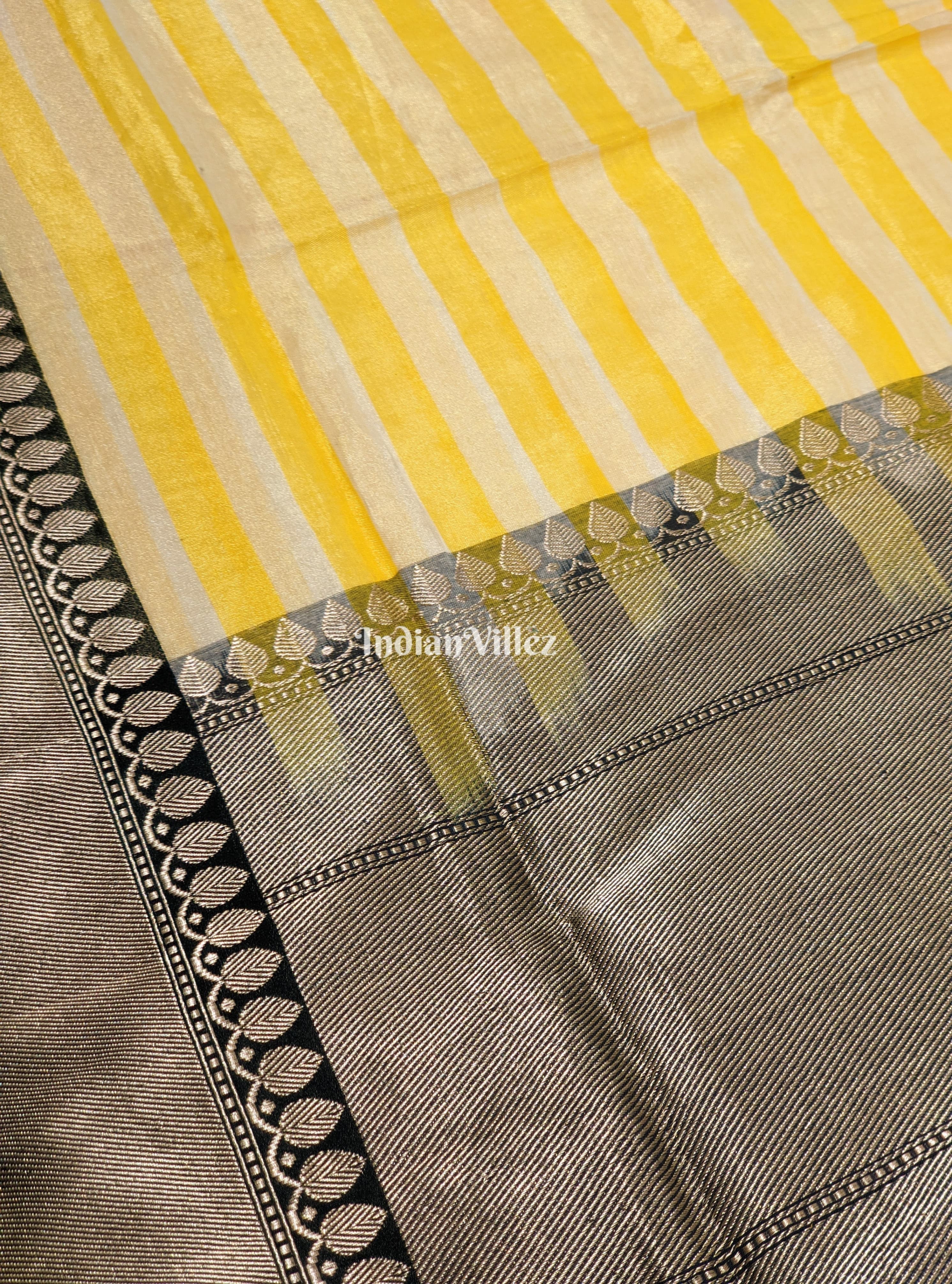 Yellow Stripes Pattern Designer Banarasi Tissue Saree