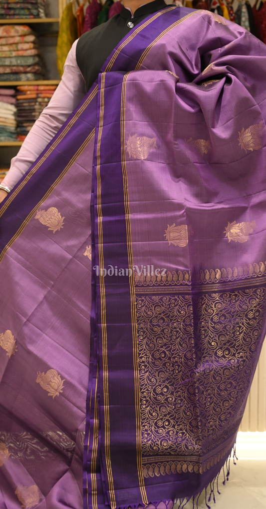 Lavendar Golden Zari Pure Kanjivaram Soft Silk Saree