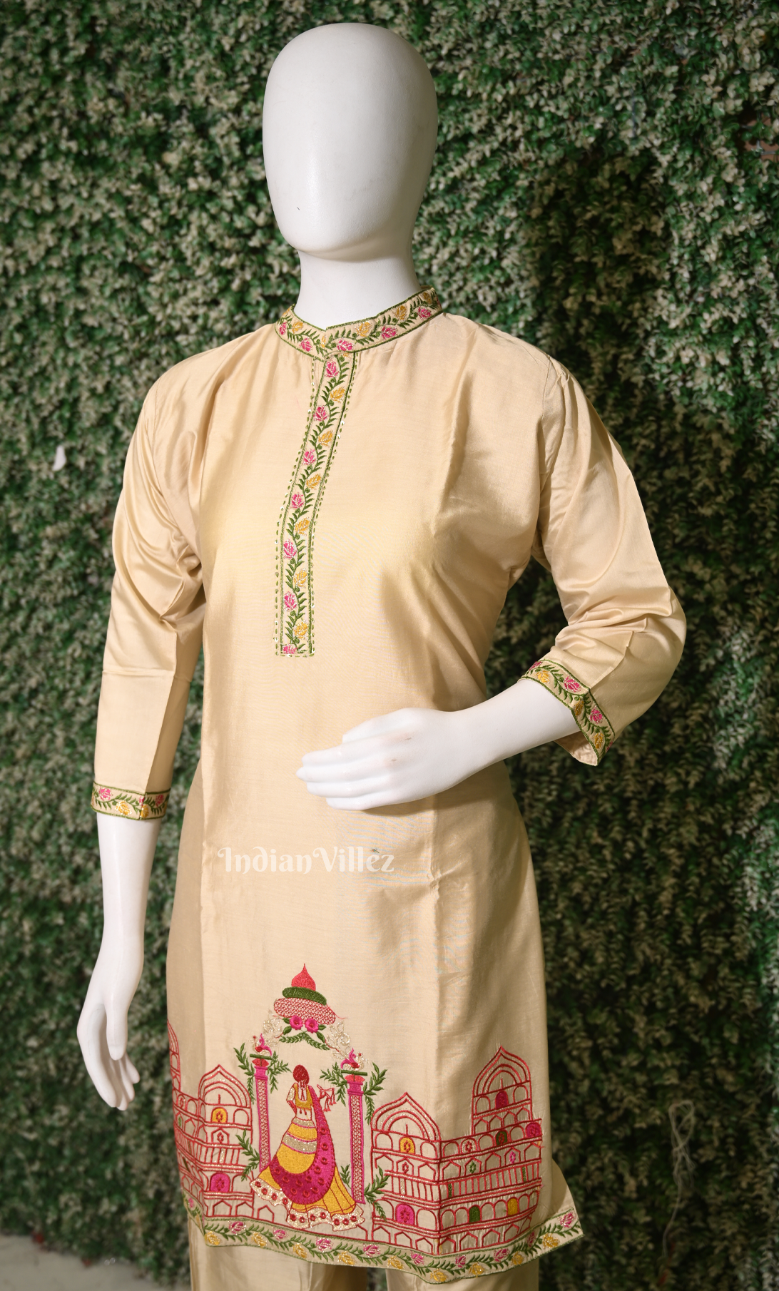 Designer Cream Rani Pink Embroidery Kurta & Pant Set-(Co-Ords Set)