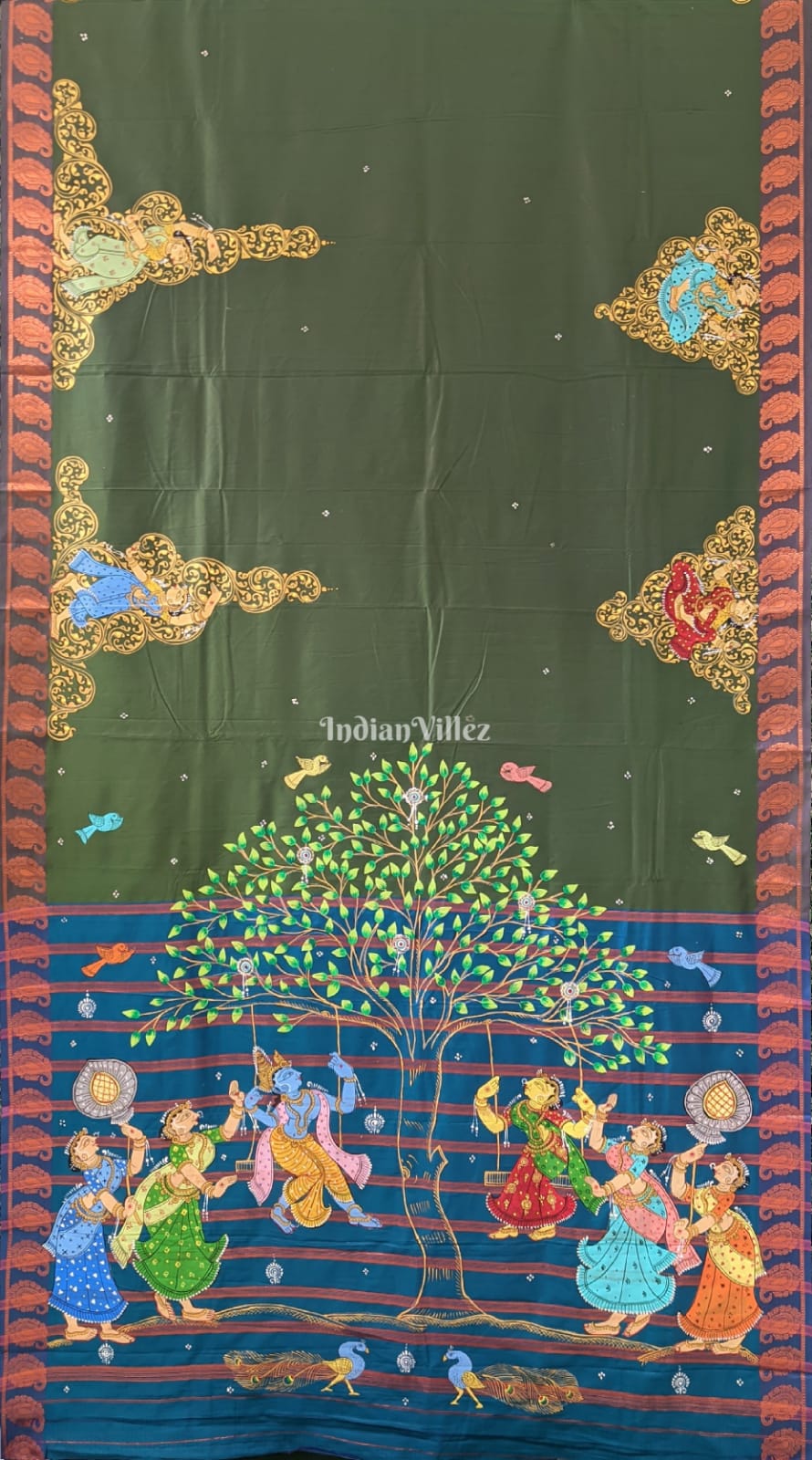 Jungle Green Krushna Leela Pattachitra Art on Kerala Silk Saree