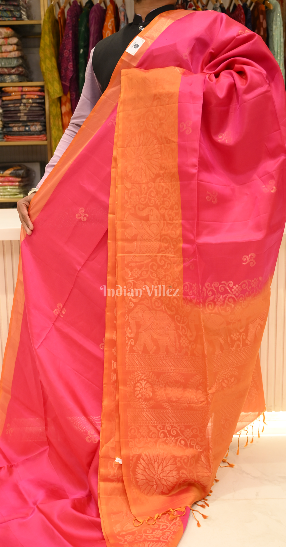 Rani Pink Orange Zari Pure Kanjivaram Soft Silk Saree 