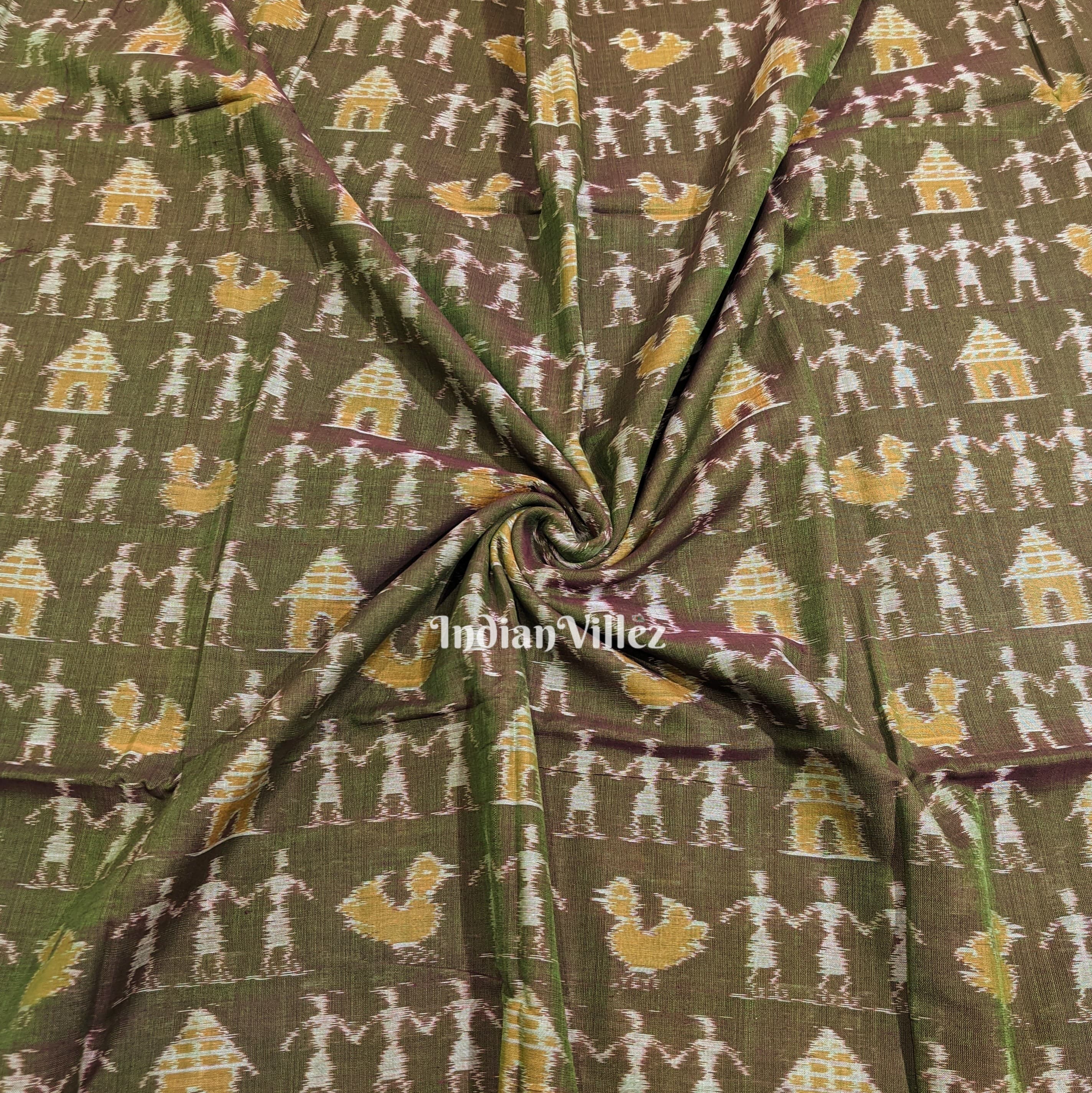 Mehendi Green Dual Tone Tribal Sambalpuri Ikat Cotton Fabric