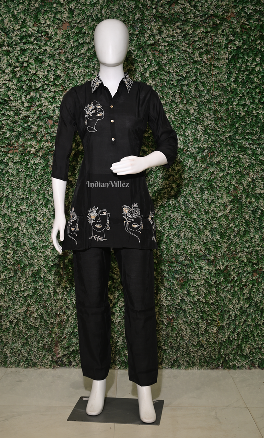 Designer Black Embroidery Kurta & Pant Set-(Co-Ords Set) 