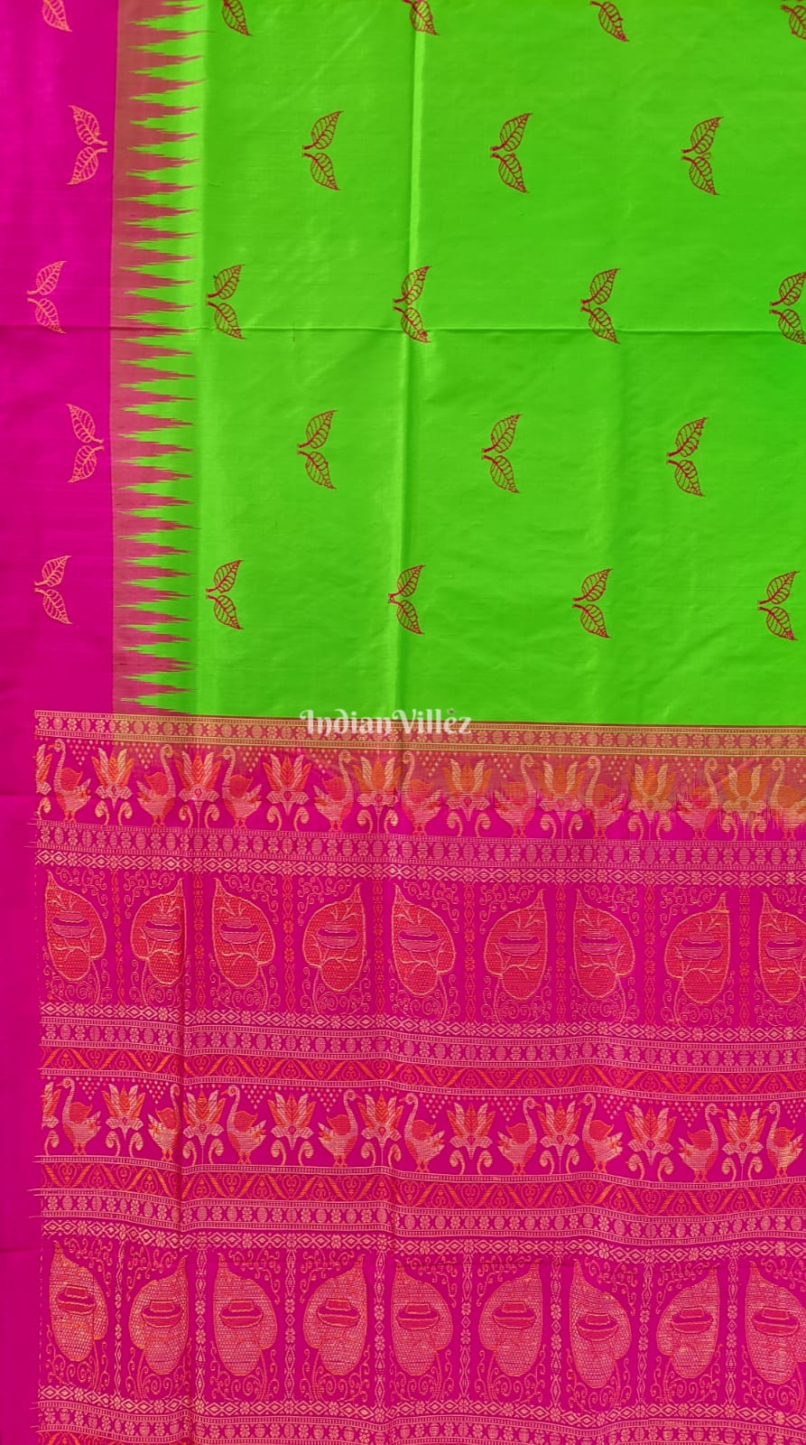 Parrot Green Rani Pink Leaf Motif Bomkai Sambalpuri Silk Saree