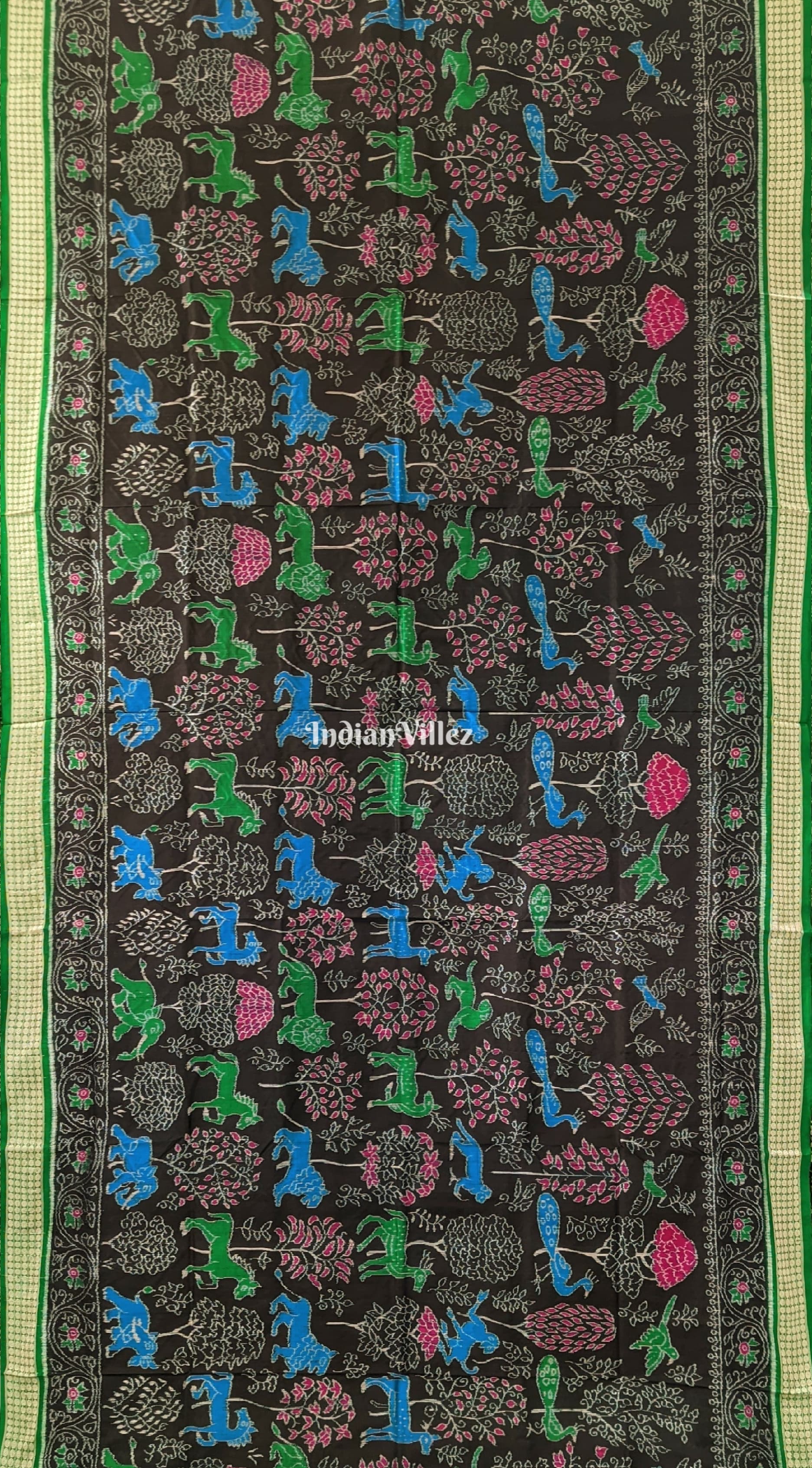 Black Green Forest Theme Sambalpuri Silk Saree