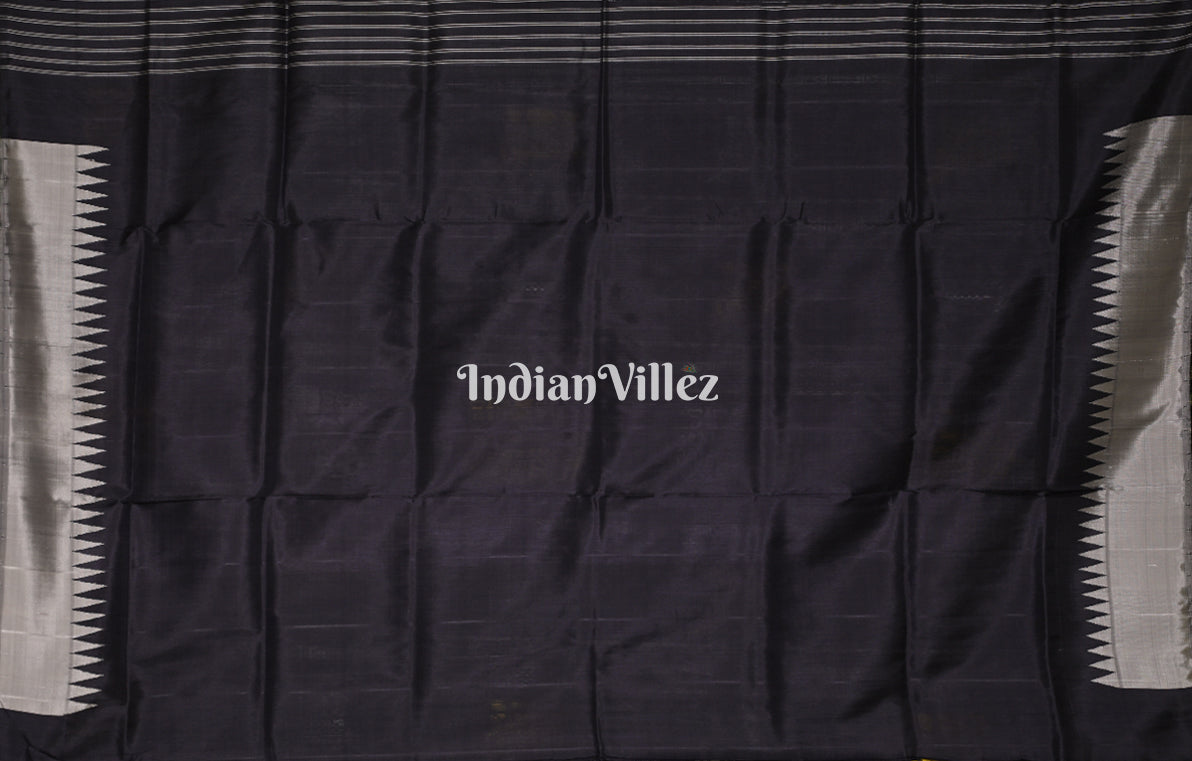 Grey Black Fish Motif Double Pallu Berhampuri Silk Saree 