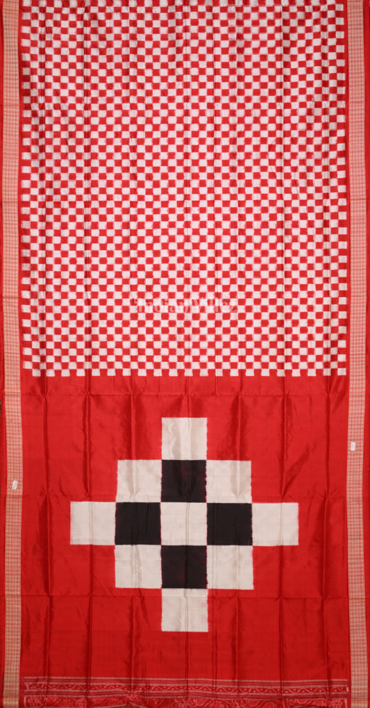 White Red Mini Pasapali Odisha Ikat sambalpuri Silk Saree with Pasapali Pallu