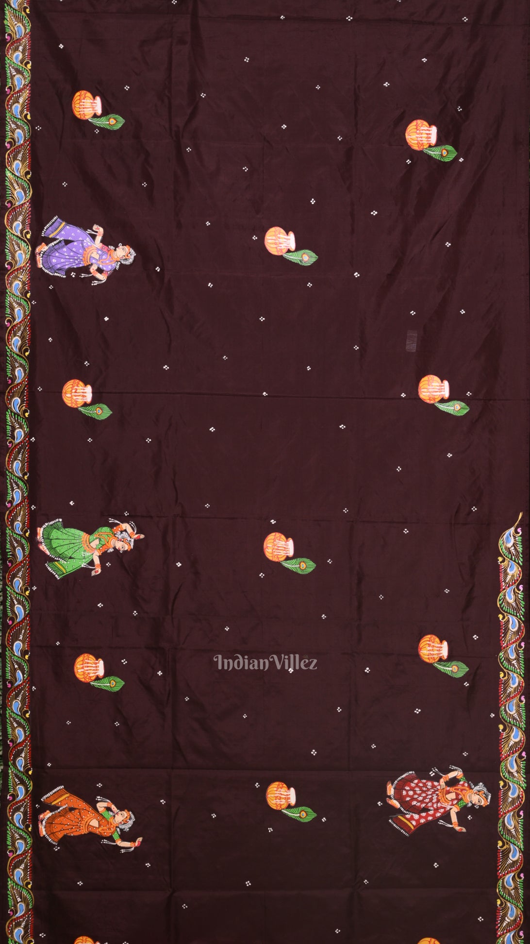Red  with Coffee Rasaleela Theme Hand-Painted Pattachitra Saree