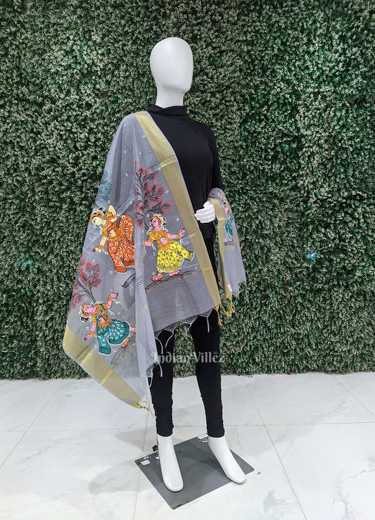 Cement Grey Nartaki Hand-Painted Pattachitra Chanderi Dupatta