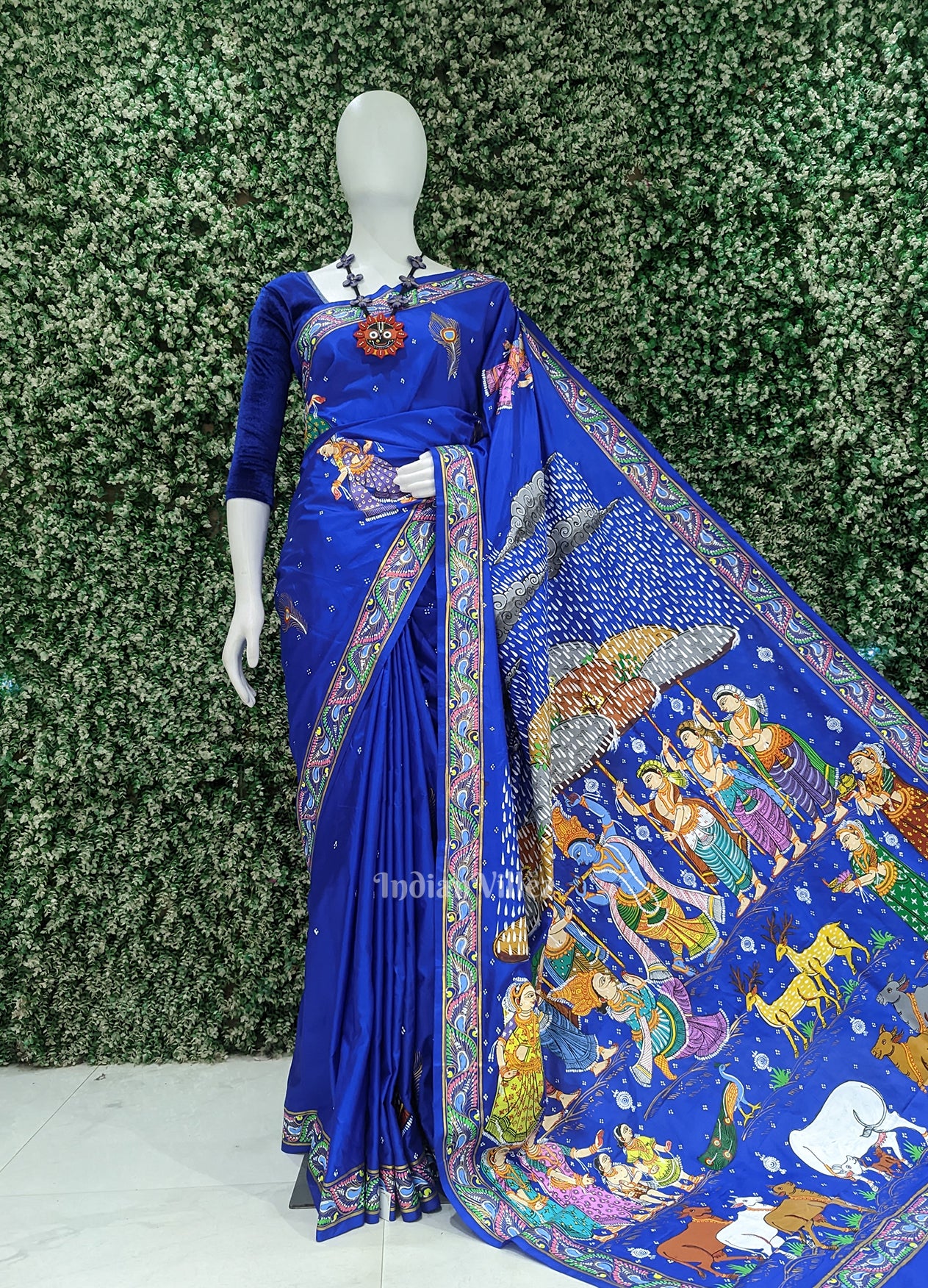 Blue Giri Govardhan Hand-Painted Pattachitra Saree 