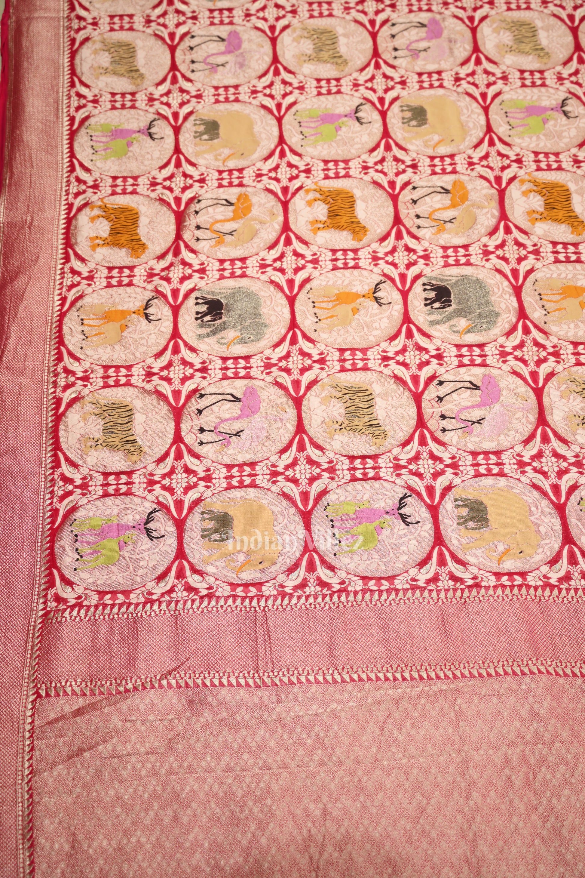 Rani Pink Shikargah Theme Banarasi Georgette Saree