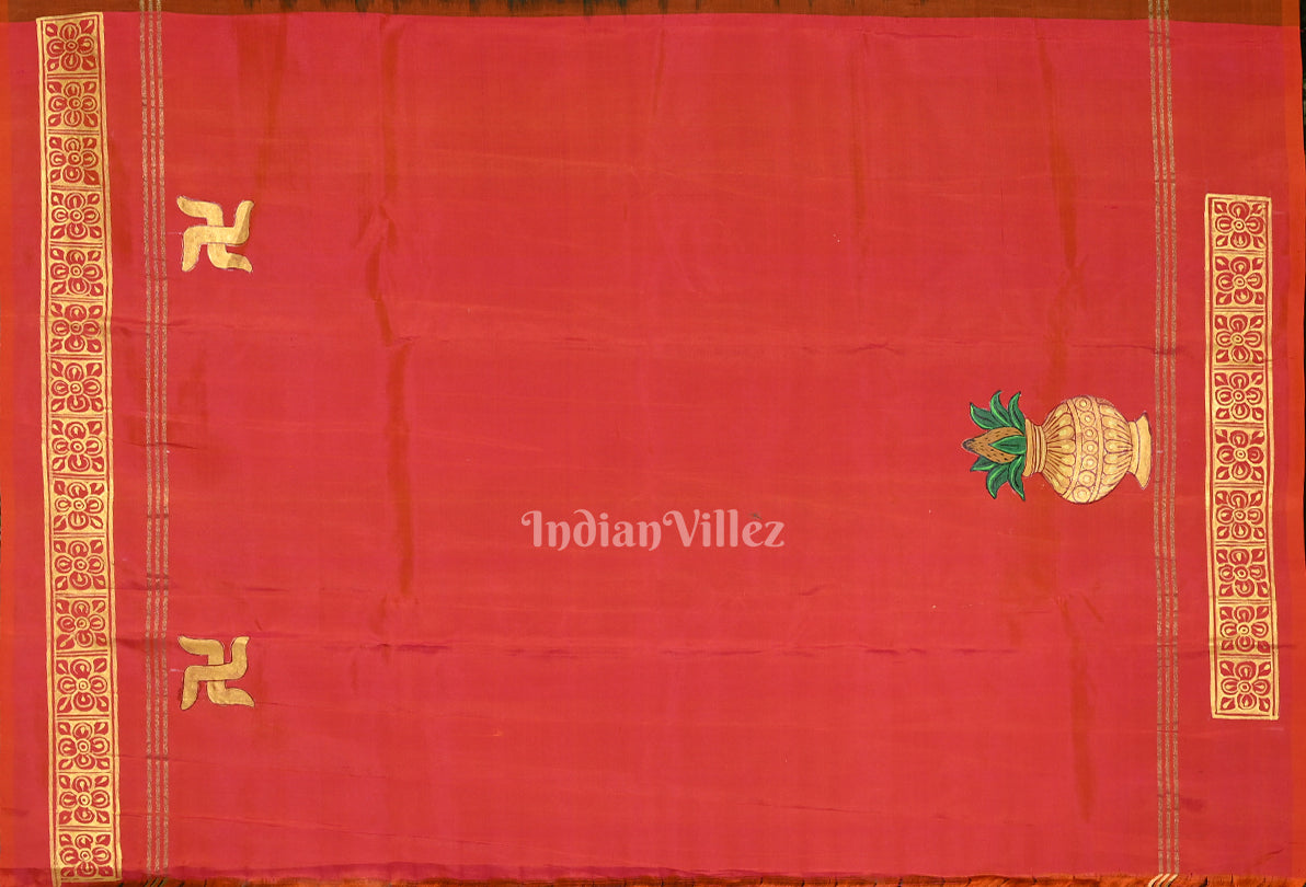 Green Red Hindu Festival Hand-Painted Pattachitra Saree 