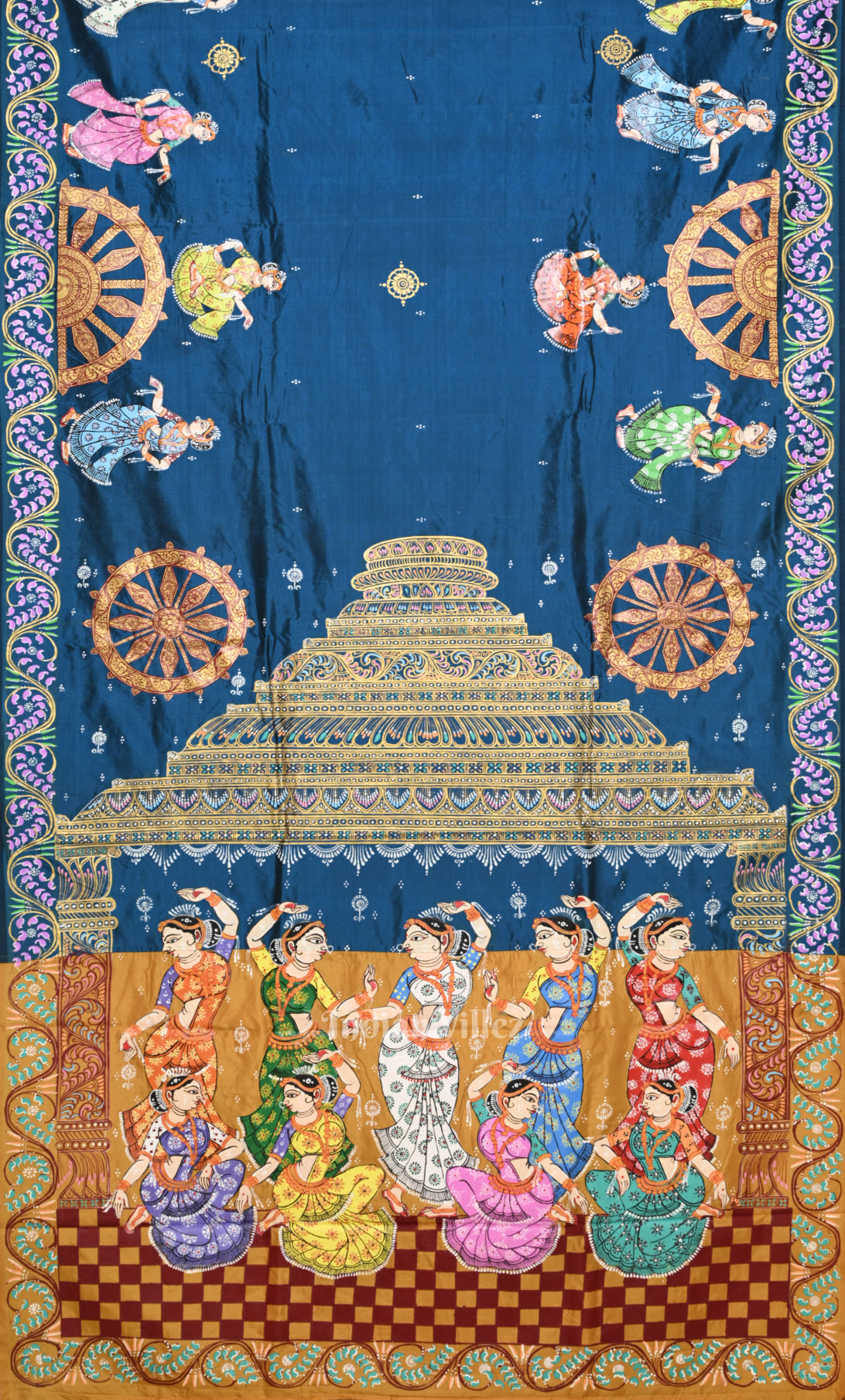 Blue Yellow Nartaki Konark Temple Hand-Painted Pattachitra Saree 