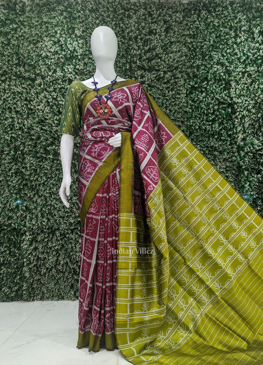 Magenta Pink Green Nabakothi Odisha Ikat Contemporary Silk Saree