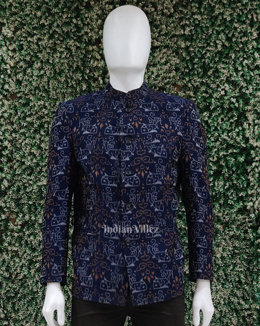 Blue Jodhpuri Bandhgala Odisha Ikat Men's Casual Blazer with Tribal Theme