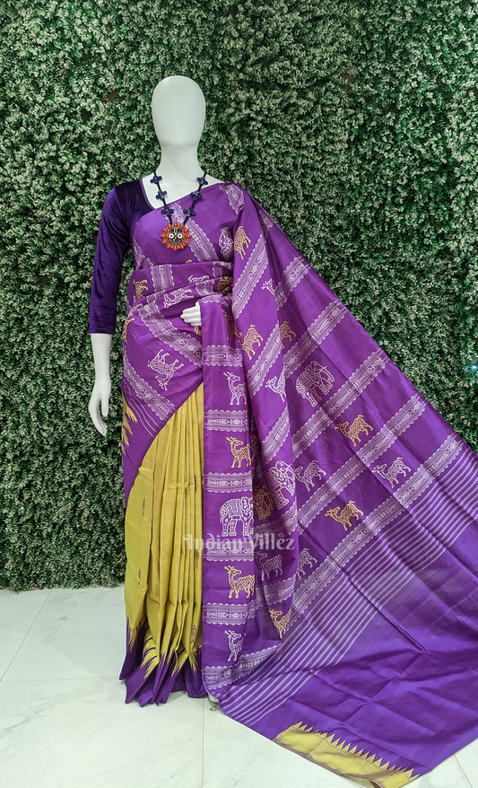 Yellow Purple Fish Motif Double Pallu Berhampuri Silk Saree