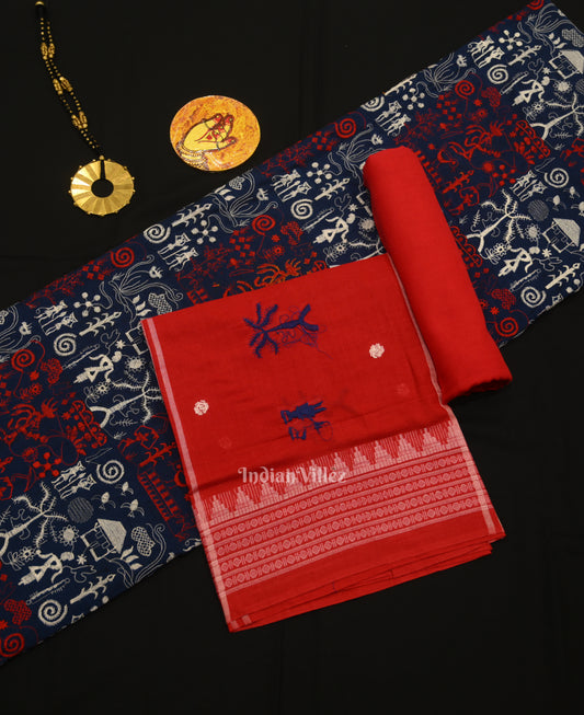 Blue Red Tribal Design Sambalpuri Cotton Dress set with Dupatta