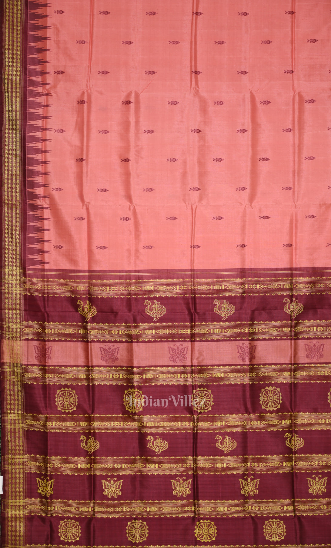 Peach Maroon Double Pallu Berhampuri Silk Saree