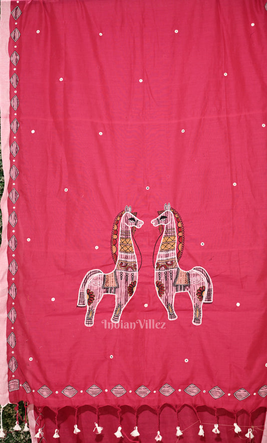 Rani Pink Applique Hand  Work Embroidered Cotton Saree