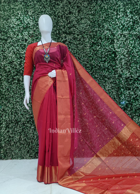 Rani Pink & Gold Pure Silk Cotton Maheswari Saree