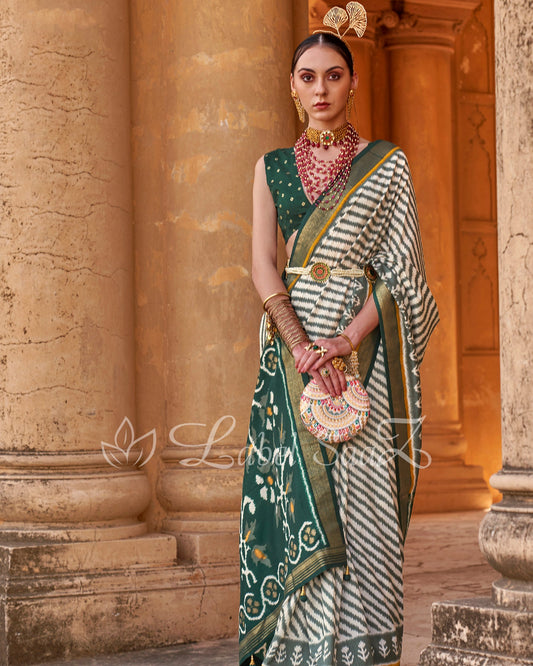 Green White Strip Leheriya Pochompolly Ikat Saree
