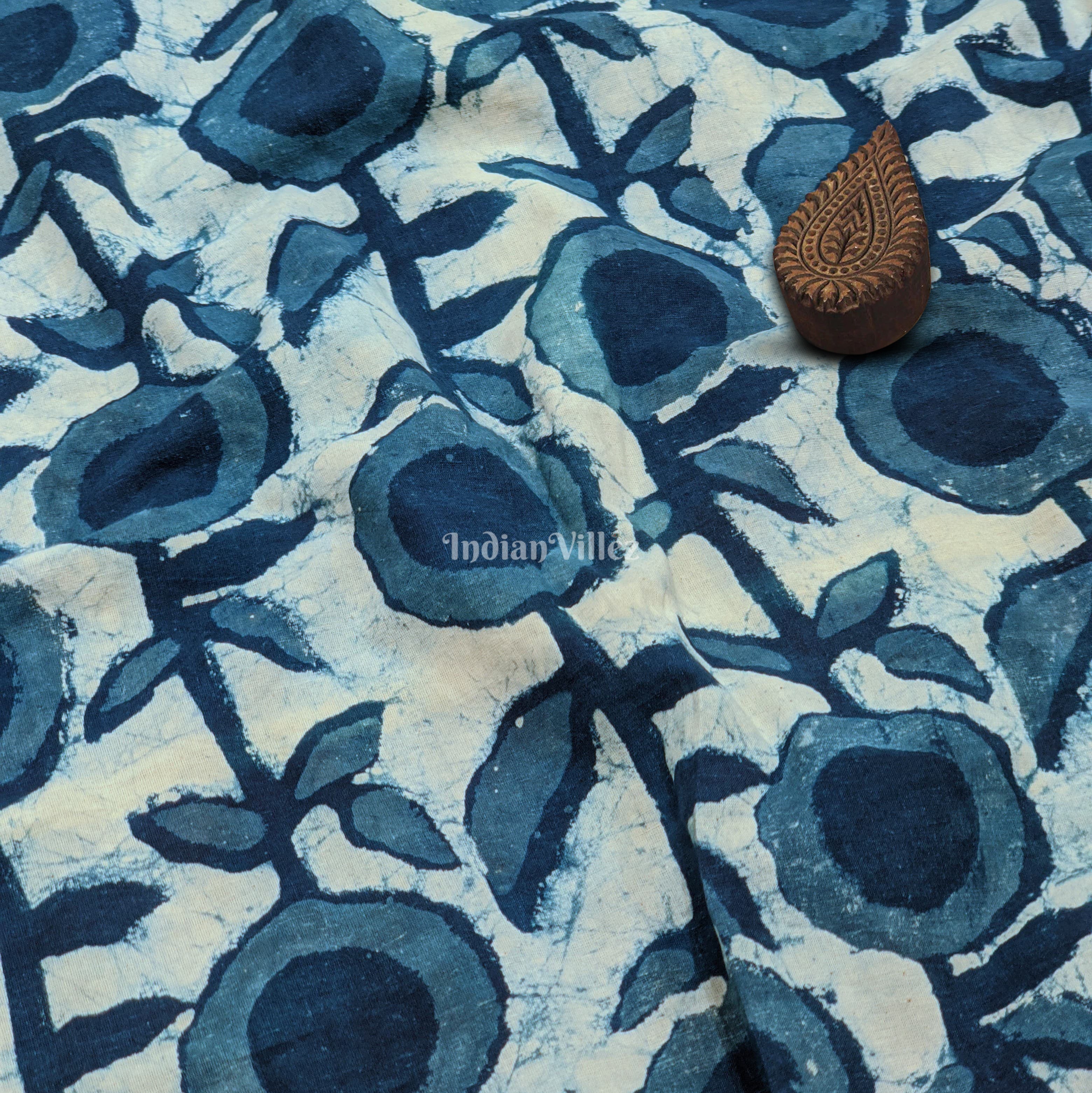 White Blue Floral Hand Block Printed Cotton Fabric