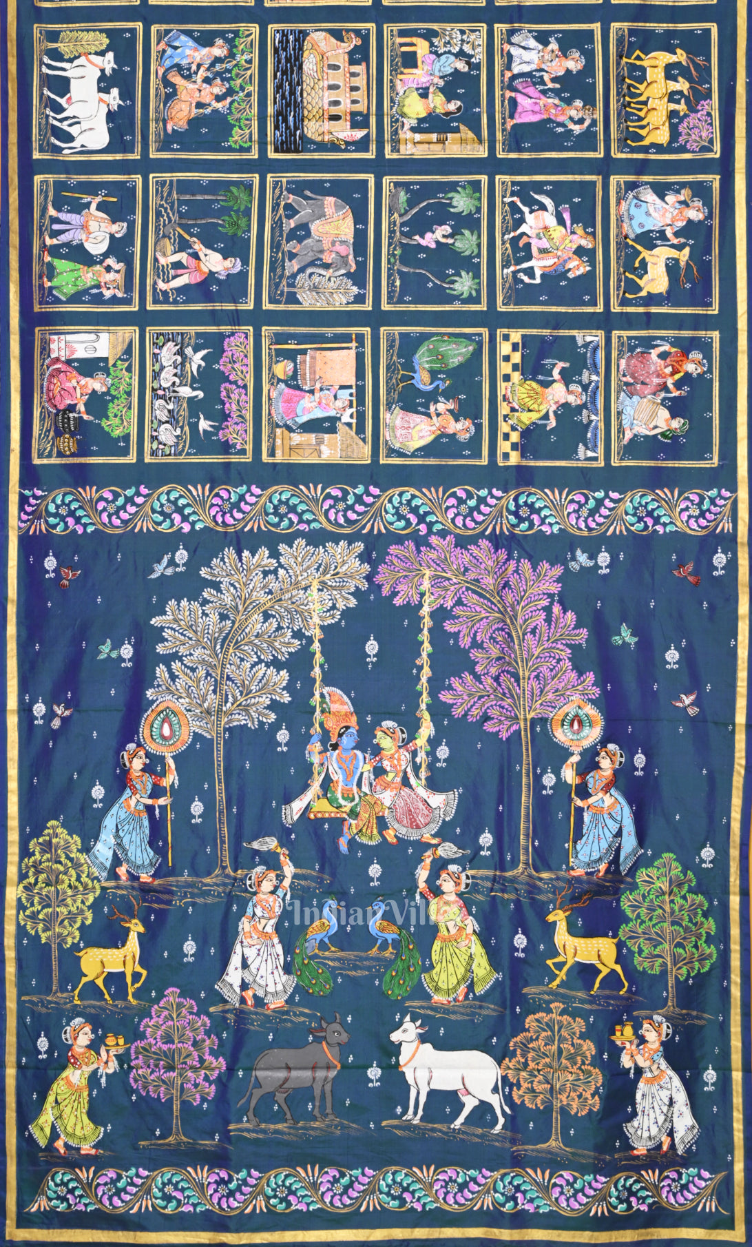 Blue Yellow Krishna Raas Village Theme Hand- Painted Pattachitra Saree