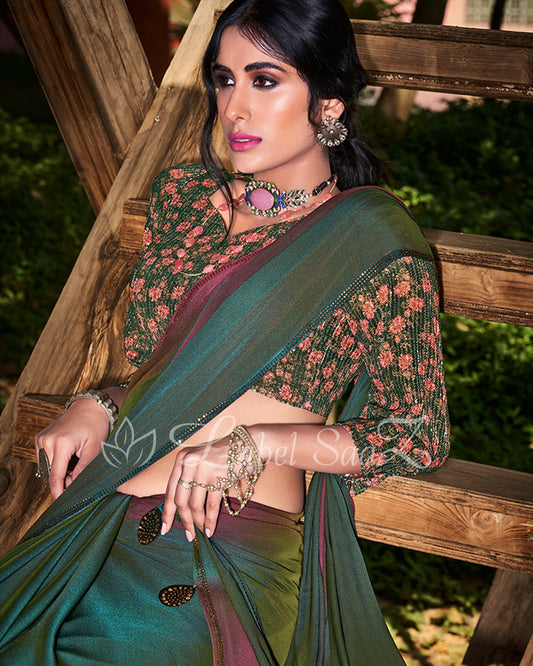 Rama green wine Chiffon Saree with Floral Blouse 