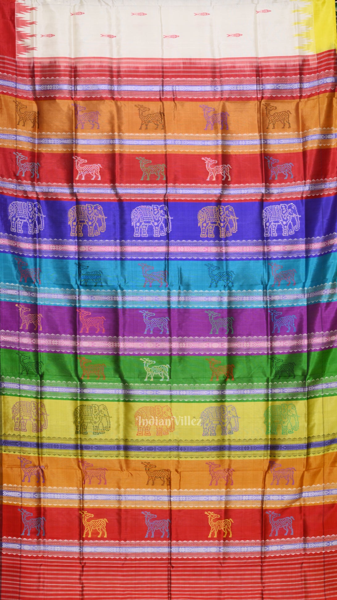 White Fish Motif With Double Pallu Berhampuri Silk Saree 