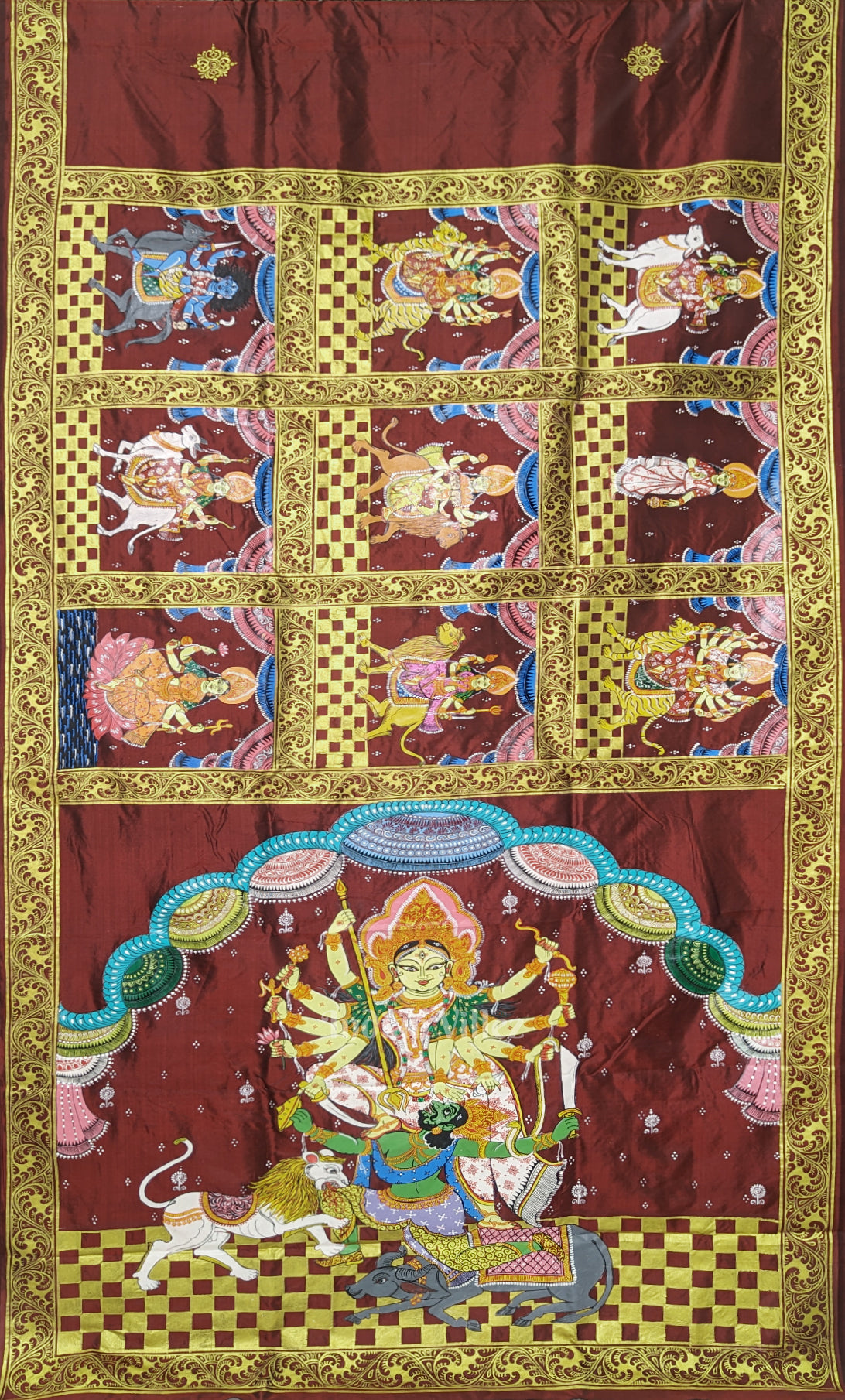 Maroon Navaratri Durga Puja Theme Hand-Painted Pattachitra Saree